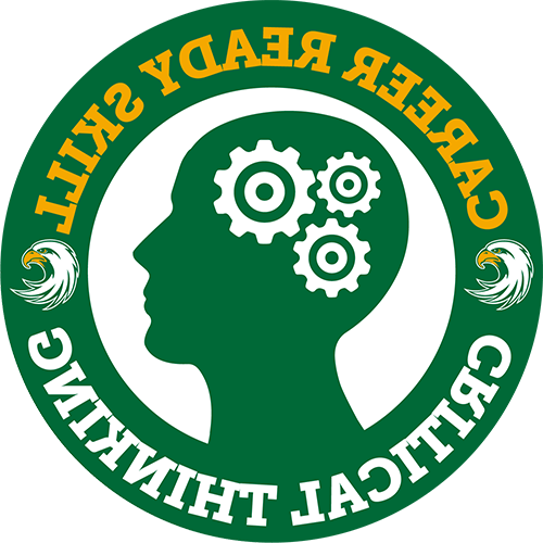 Career Services icon with words 'Career Ready Skill - Critical Thinking' circling side view of person's head with gears in place of brain